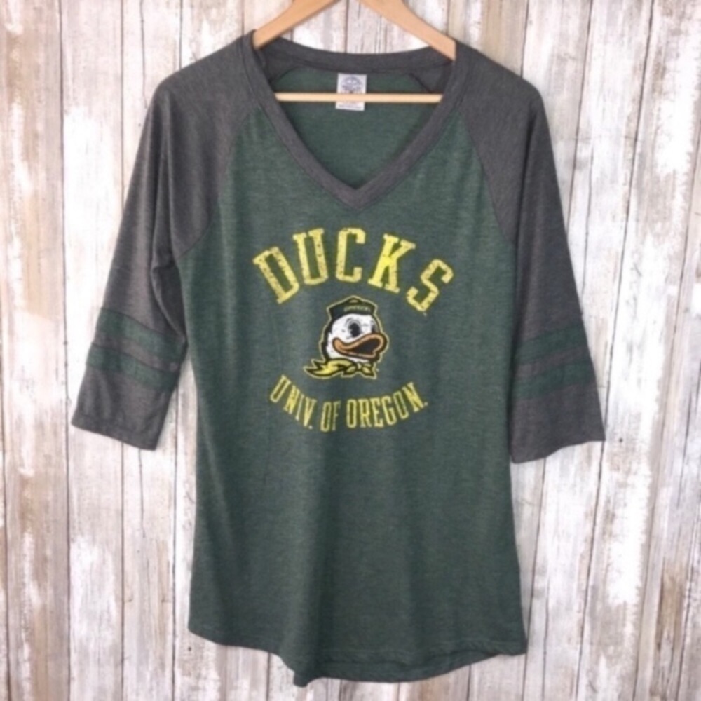 Oregon Ducks Raglan Tee Womenâs Small 3/4 Sleeve Green Gray Ncaa Shirt